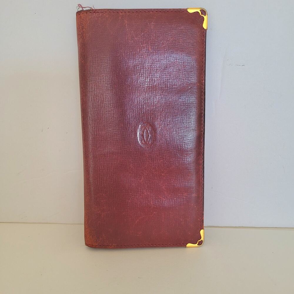 Cartier Paris Long Leather Wallet Zip Coin Pocket Burgundy Gold Corners